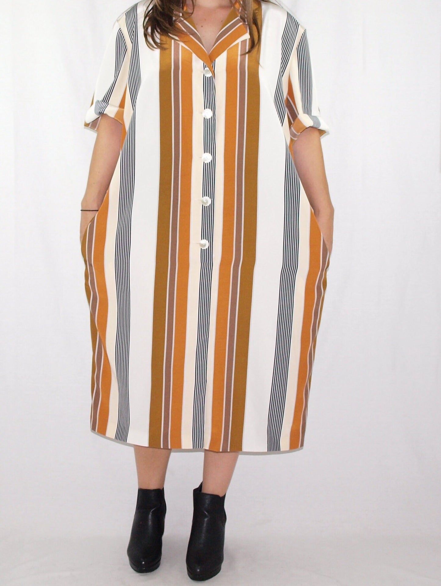 Vintage EL CORTE INGLES tunic dress RELAXED FIT draped OCHRE STRIPES made in spain