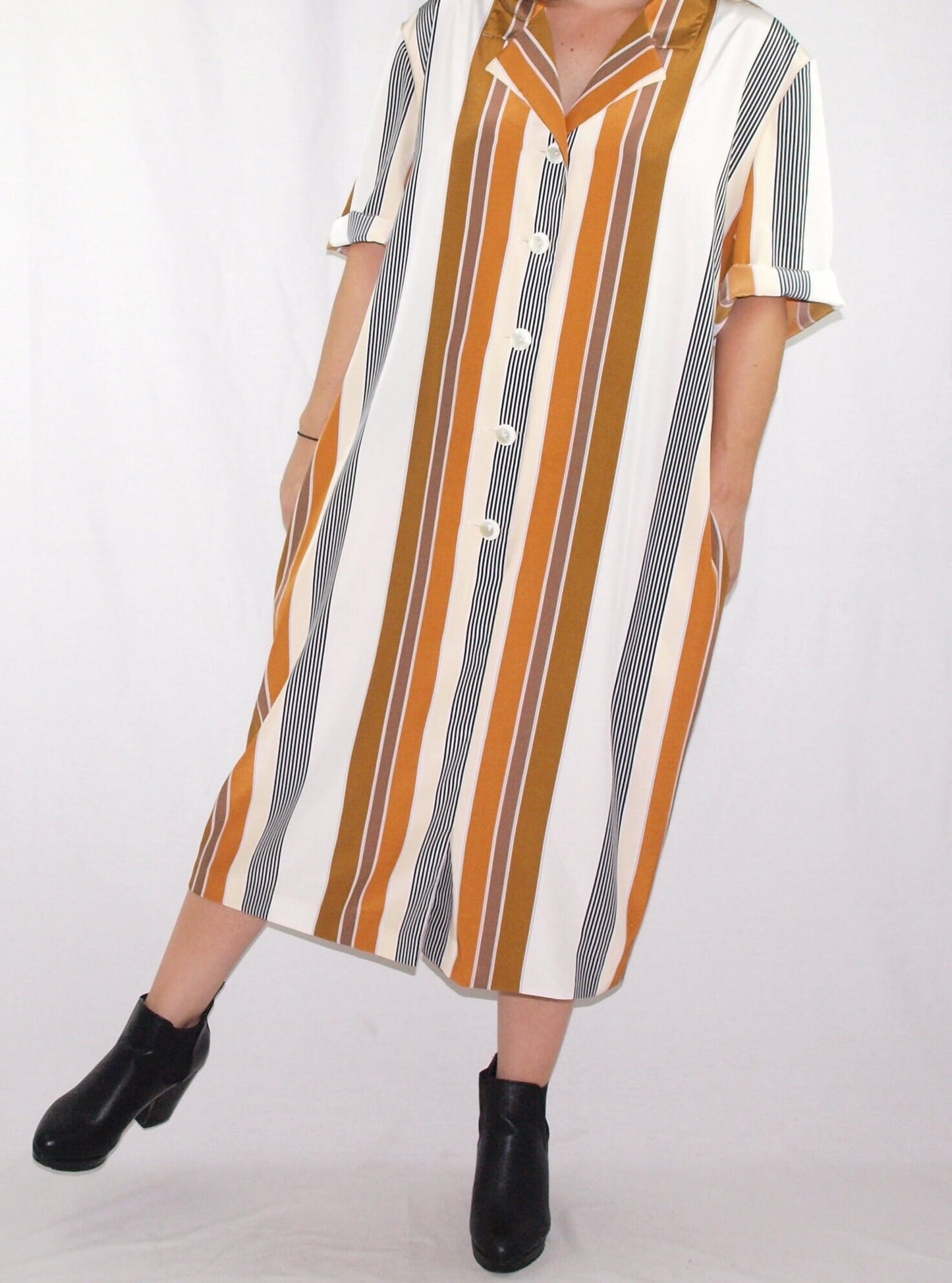 Vintage EL CORTE INGLES tunic dress RELAXED FIT draped OCHRE STRIPES made in spain