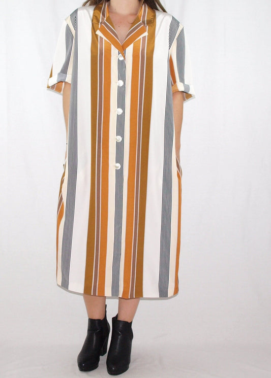 Vintage EL CORTE INGLES tunic dress RELAXED FIT draped OCHRE STRIPES made in spain