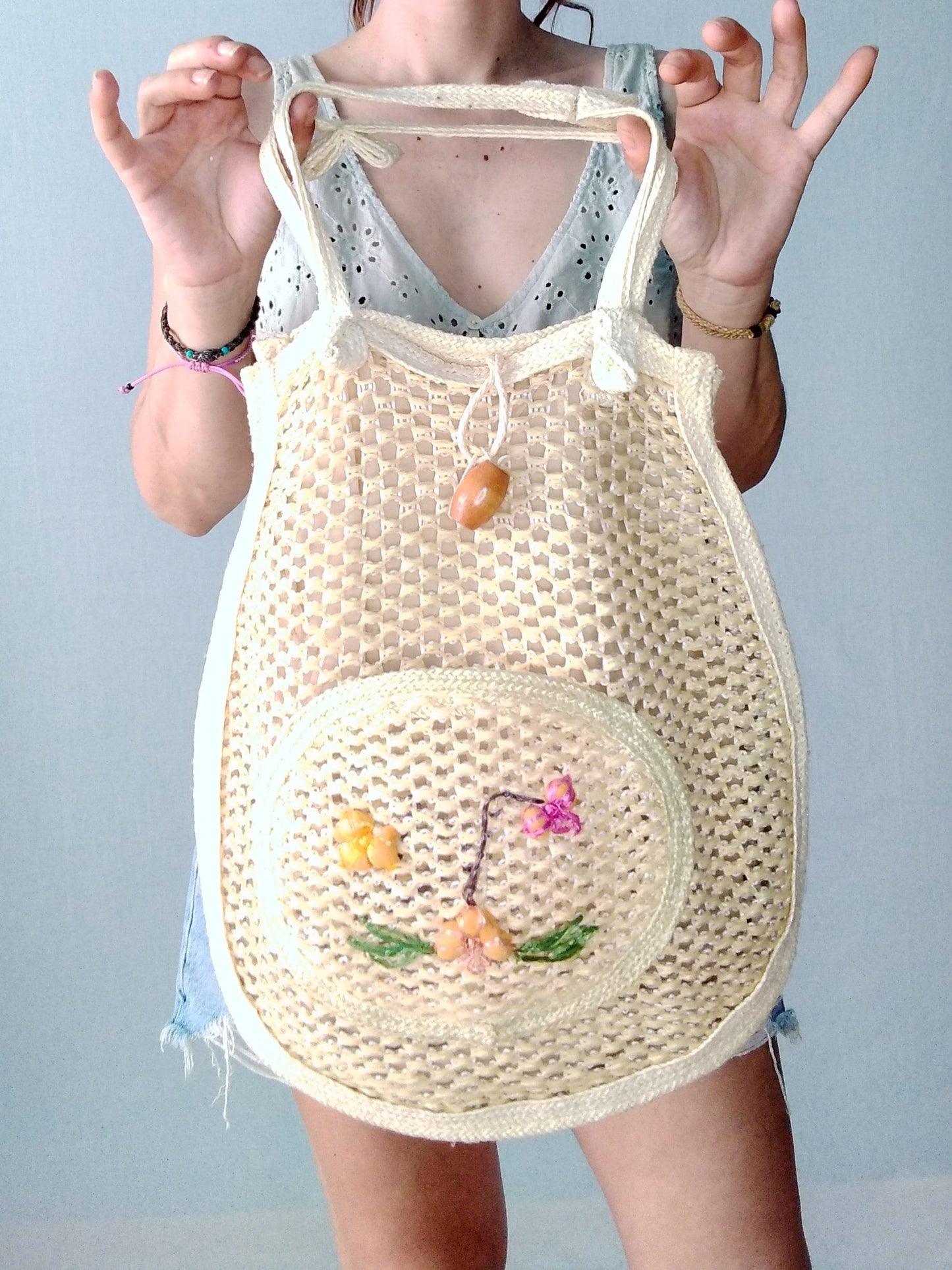 Vintage NET BAG tote FLOWERS handmade