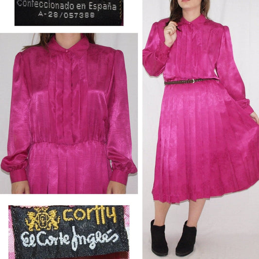 Vintage 60's SECRETARY DRESS made in Spain MAGENTA embossed brocades