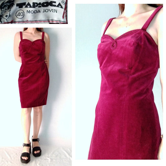 Vintage VELVET party minidress BURGUNDY made in spain sweetheart neck