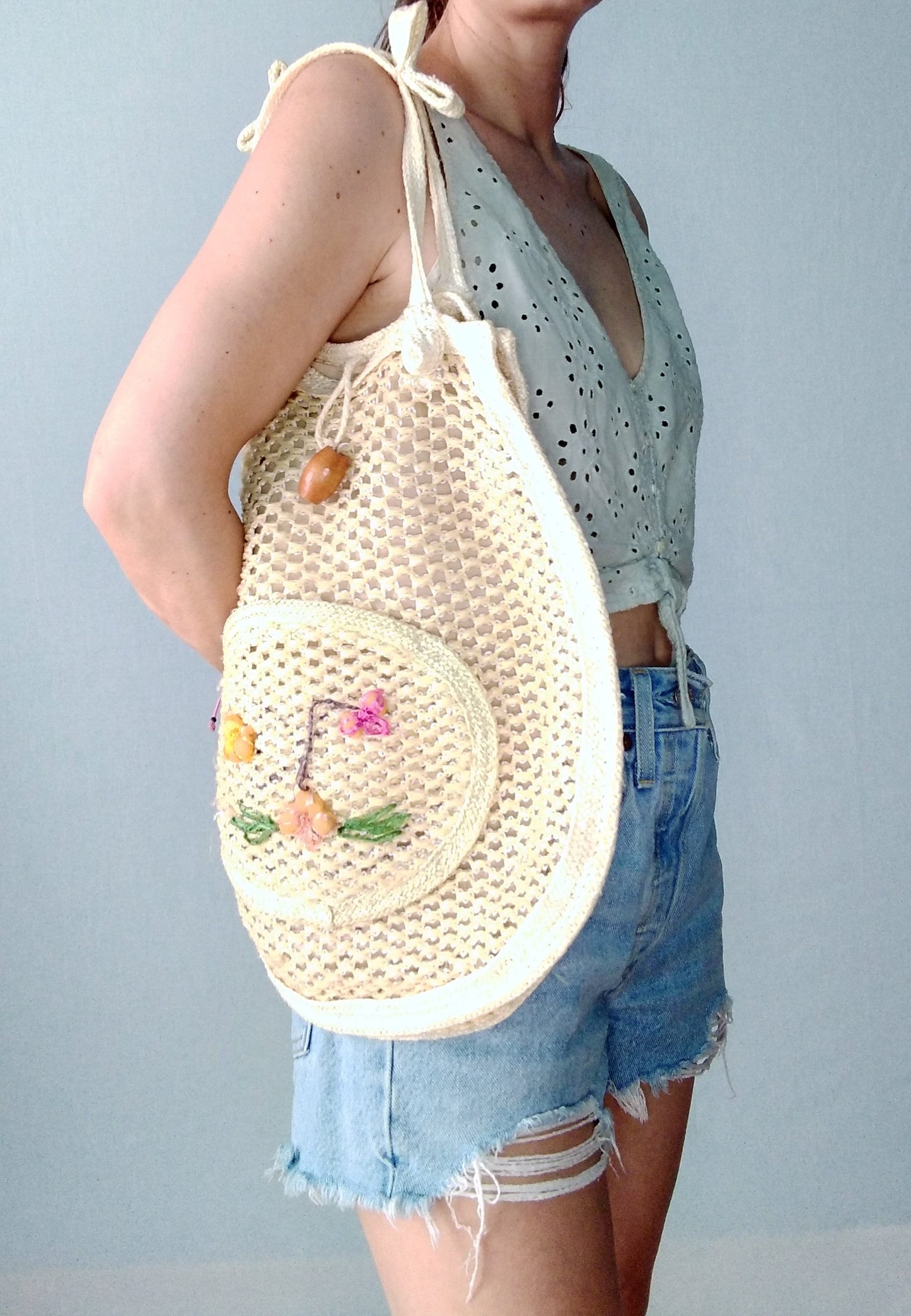 Vintage NET BAG tote FLOWERS handmade