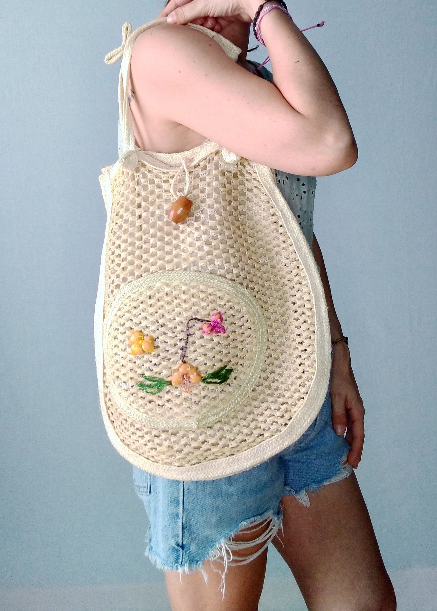 Vintage NET BAG tote FLOWERS handmade